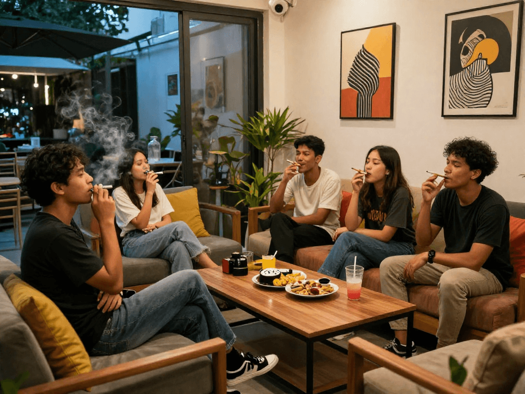 Social gathering of friends enjoying rokok 88 in a vibrant modern lounge setting.