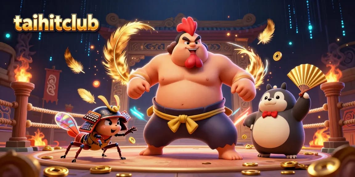 Experience excitement at taihitclub by joining the vibrant showdown of a sumo wrestler rooster and cricket in the arena.