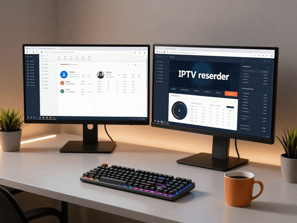 IPTV reseller platform interface displayed on dual monitors, showcasing advanced analytics and customer management tools in a stylish developer workspace.