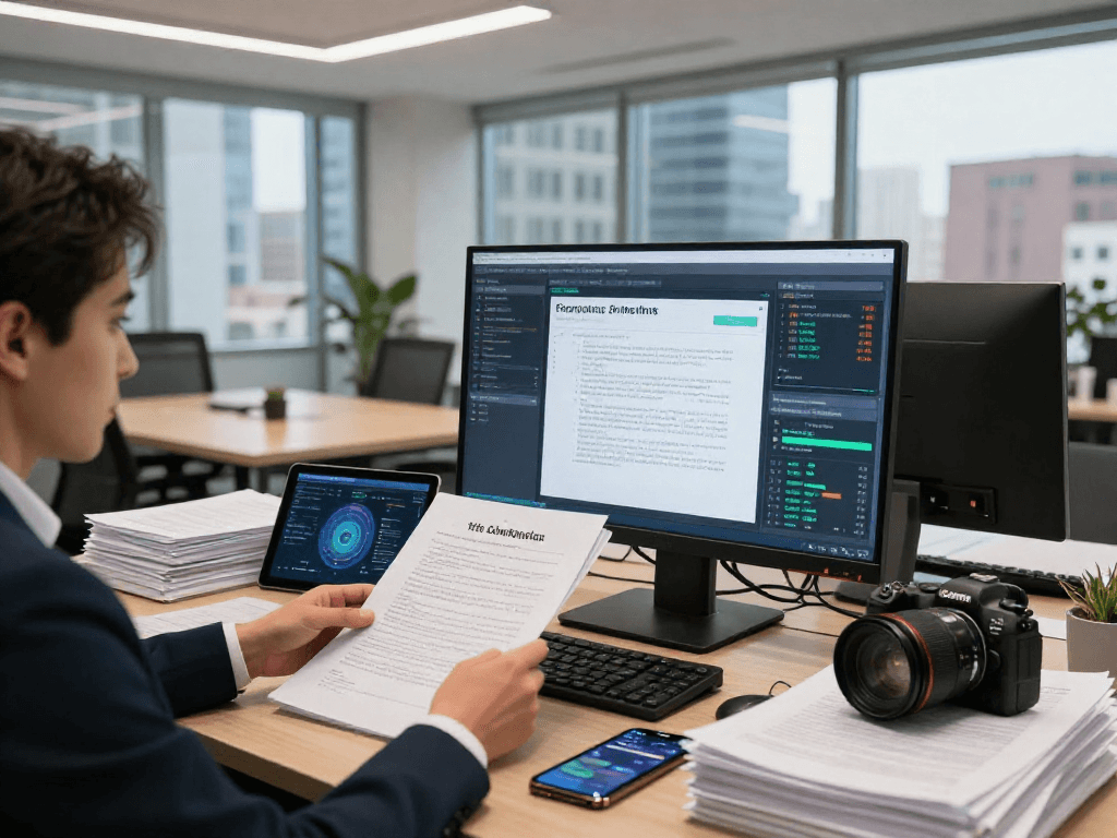 Document fraud detection analysis in a modern office environment, showcasing compliance officer working with digital documents and analytics software.