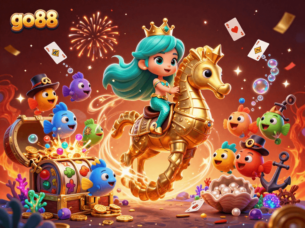 Experience the thrill of go 88 with a dazzling underwater casino adventure featuring a mermaid and seahorse.