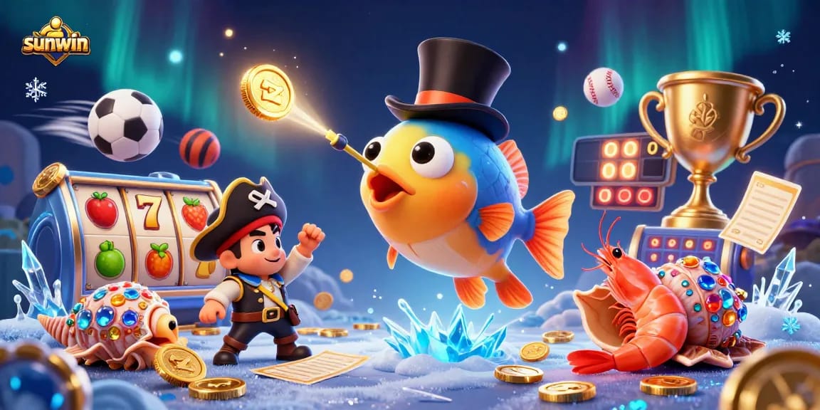 Spin to win at sunwin with vibrant anglerfish, golden coins, and lively slot elements!