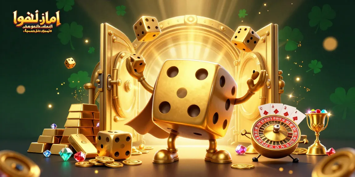 Engage with مانجا، مانهوا، مانهوا مترجمة, as a golden dice golem juggles treasures in a vibrant 3D casino scene.