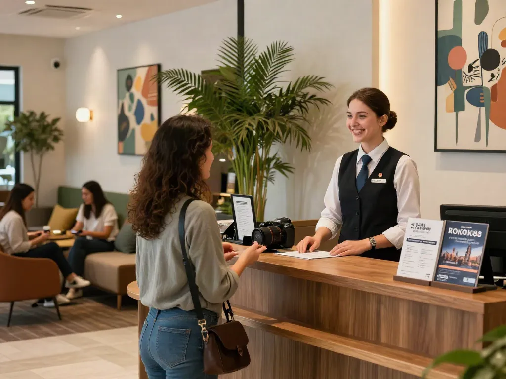 Welcoming lobby at ROKOK88 hotel, featuring friendly reception and stylish decor.