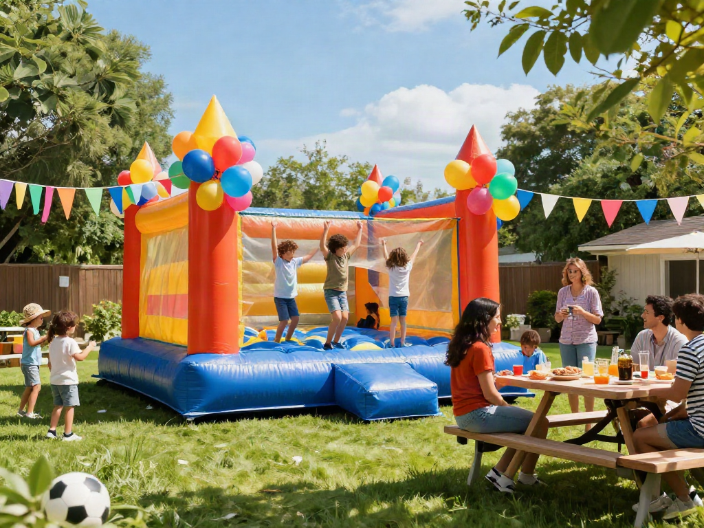 Children enjoying an inflatable bounce house at a backyard party, surrounded by decorations and adults.