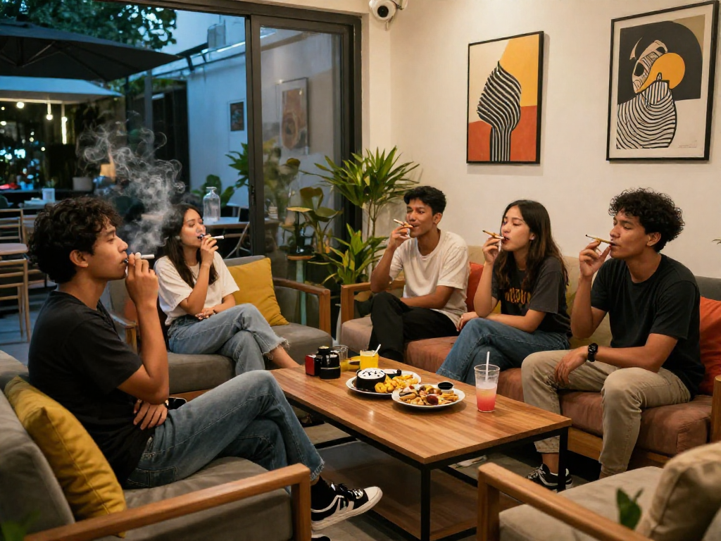 Social gathering of friends enjoying rokok 88 in a vibrant modern lounge setting.