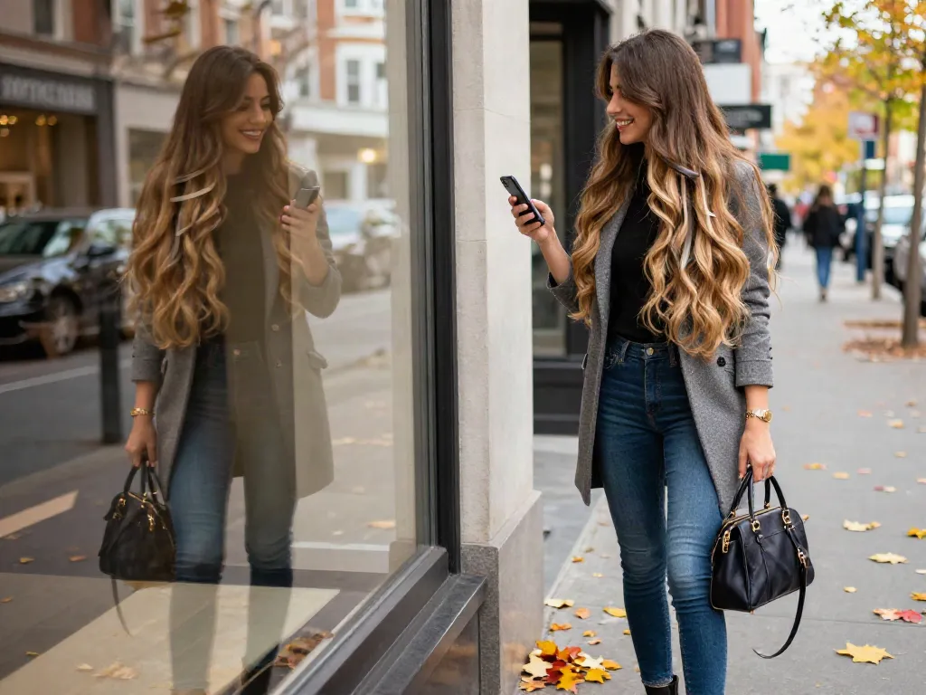 Stylish woman showcasing invisible tape in hair extensions human hair while admiring her reflection in a city street