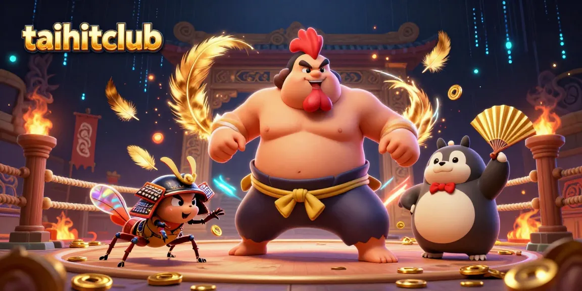 Experience excitement at taihitclub by joining the vibrant showdown of a sumo wrestler rooster and cricket in the arena.