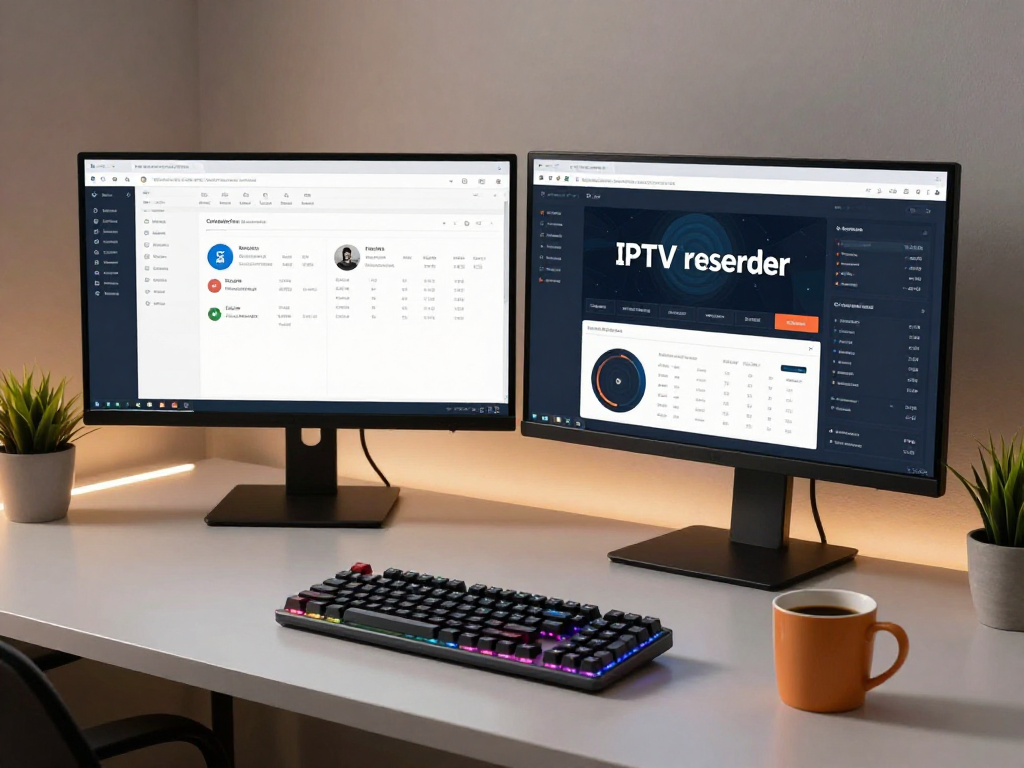 IPTV reseller platform interface displayed on dual monitors, showcasing advanced analytics and customer management tools in a stylish developer workspace.