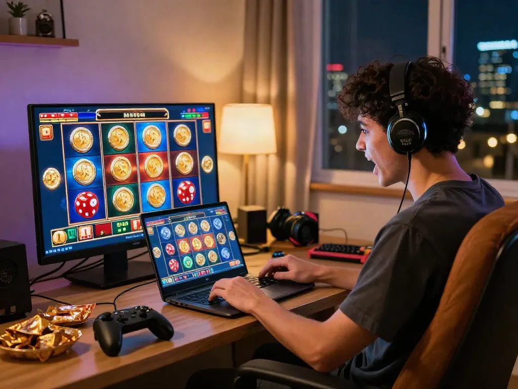 Engaged player at situs gacor playing online slots, colorful gaming atmosphere.