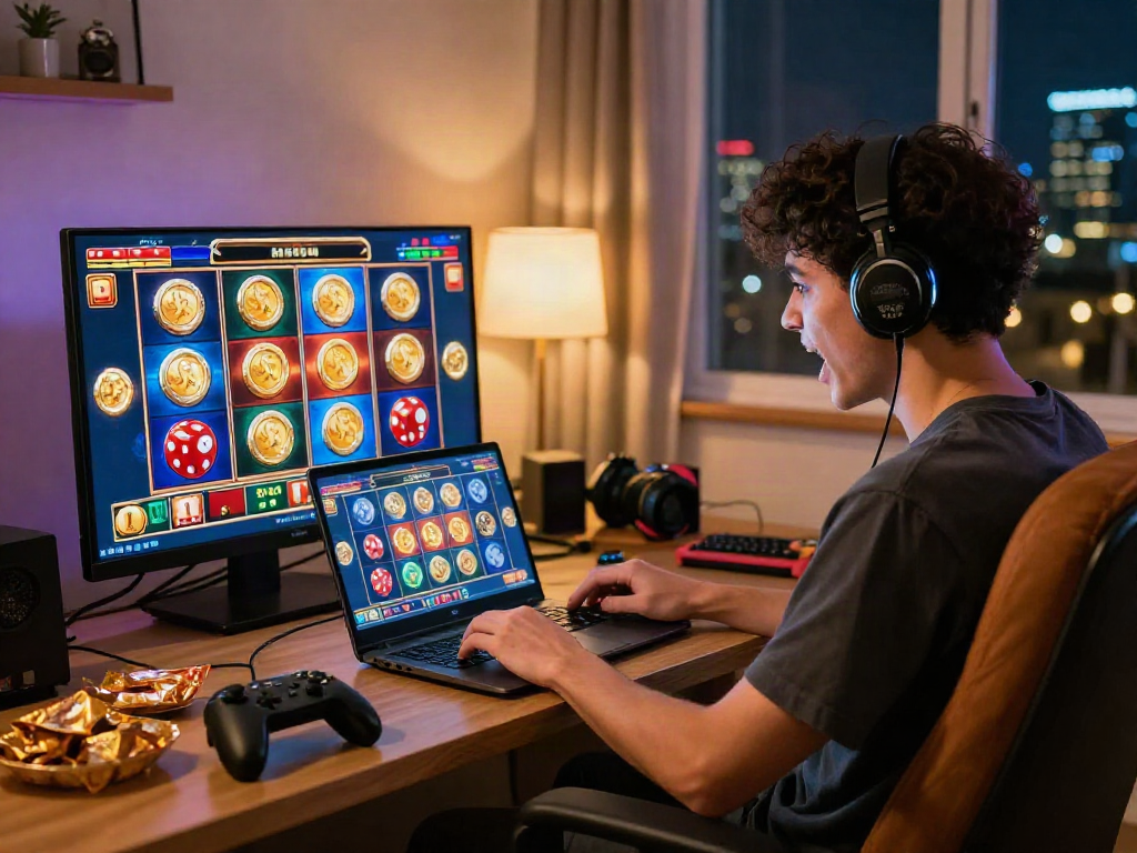 Engaged player at situs gacor playing online slots, colorful gaming atmosphere.