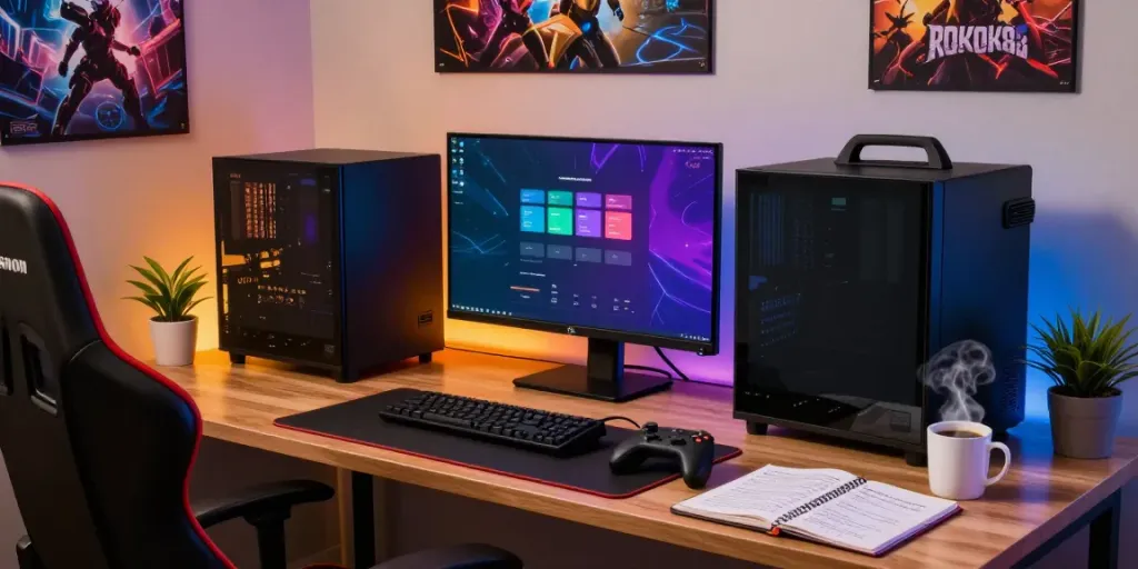 Engaged gamer at a modern setup exploring ROKOK88 services with vibrant visuals and gaming gear.