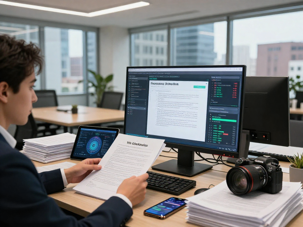 Document fraud detection analysis in a modern office environment, showcasing compliance officer working with digital documents and analytics software.