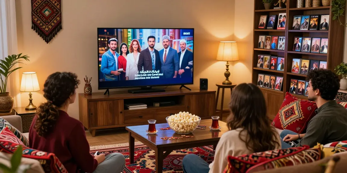 Cozy living room scene with viewers enjoying مسلسل، مسلسلات تركية، مسلسلات عربية, vibrant decor, and popcorn.