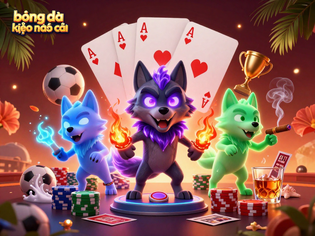 Bóng đá kèo nhà cái gaming illustration featuring mystical wolves surrounded by sports betting elements and poker chips.