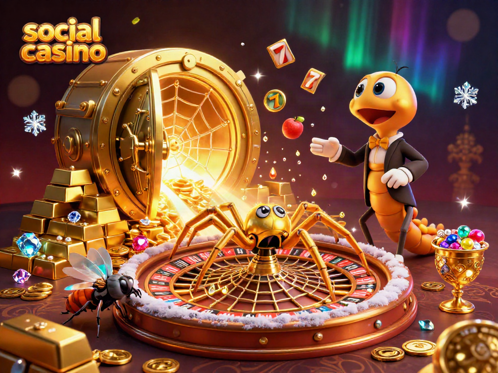 Engaging 3D illustration depicting a dynamic social casino scene with a golden spider roulette and vibrant elements.