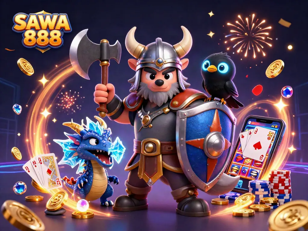 Experience the excitement of SAWA 888 with a magical wolf warrior and dragon in a vibrant casino scene.