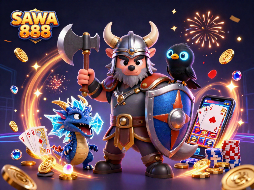 Experience the excitement of SAWA 888 with a magical wolf warrior and dragon in a vibrant casino scene.