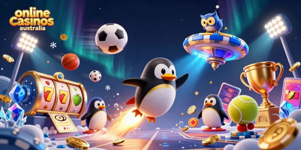 Experience the excitement of online casinos Australia with a thrilling 3D casino illustration featuring a golden penguin and dynamic gaming elements.
