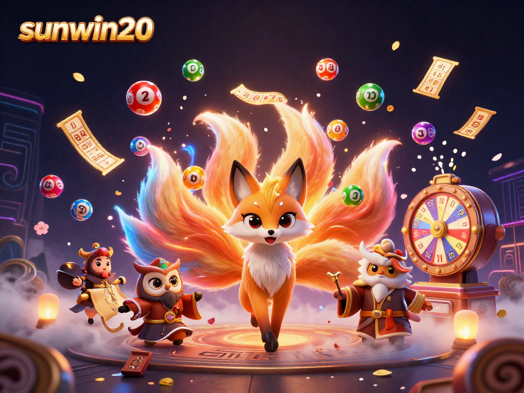 Engage in thrilling gameplay with Sunwin20 at a vibrant online casino featuring a mystical nine-tailed fox and owl.