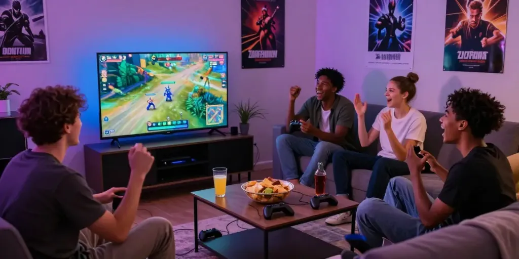 Friends enjoying rokok88 alternatif gaming session in a lively living room with snacks and screens.