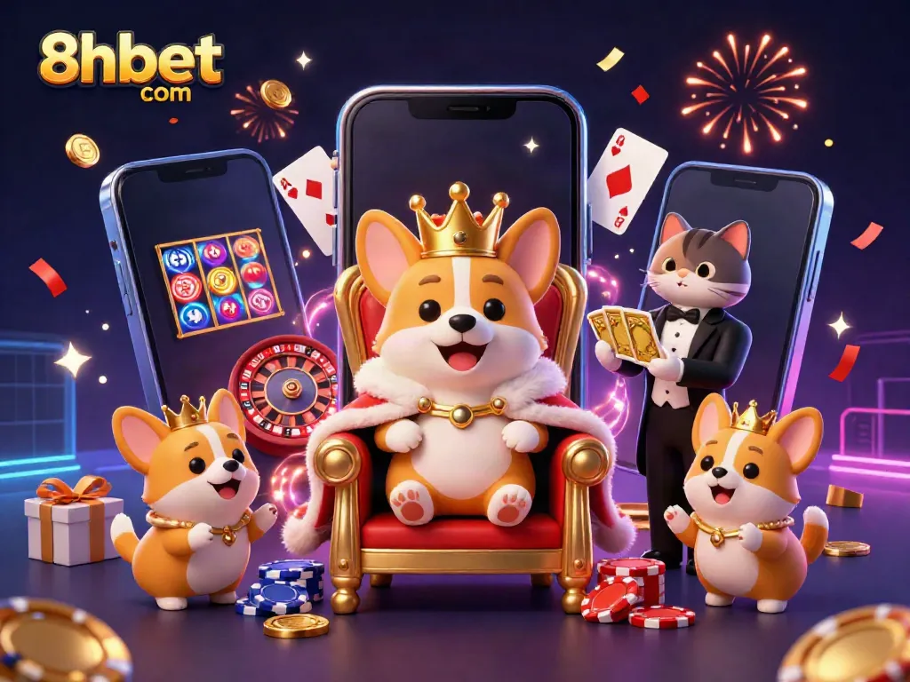 Experience the excitement of winning at 8xbet com with a vibrant 3D casino scene featuring a royal corgi and gaming elements.