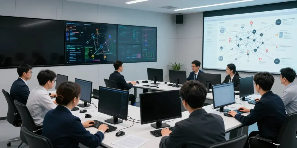 red team evaluation in a high-tech cybersecurity workspace alongside advanced team collaboration and analysis.