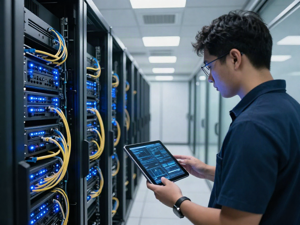 Server configuration review in a modern data center with secure server setups and monitoring technology.