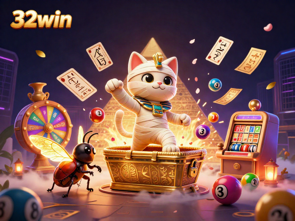 Engage in exciting lottery gameplay with 32win, featuring a lively Egyptian mummy cat amidst vibrant casino elements.