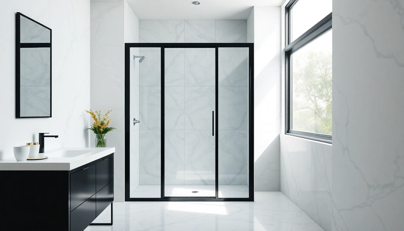 Enhance your bathroom with a sleek black shower door that complements modern decor.