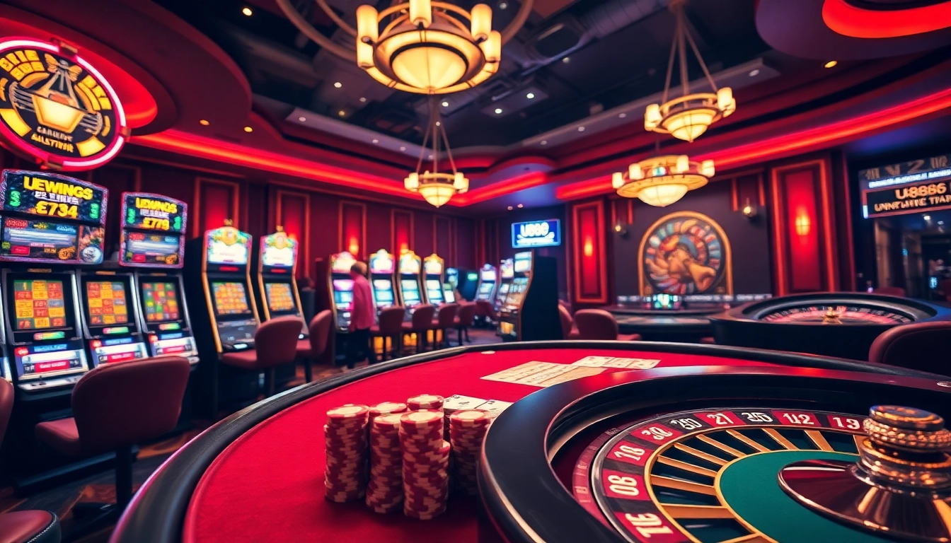 Experience the thrill of U8888 with vibrant casino gaming tables and colorful slot machines.