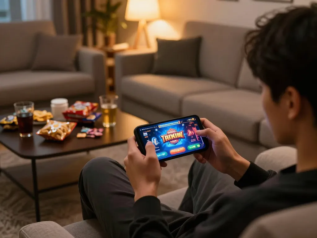 Explore exciting gaming on taixiuonline.za.com with a player engaged on their smartphone in a cozy home setting