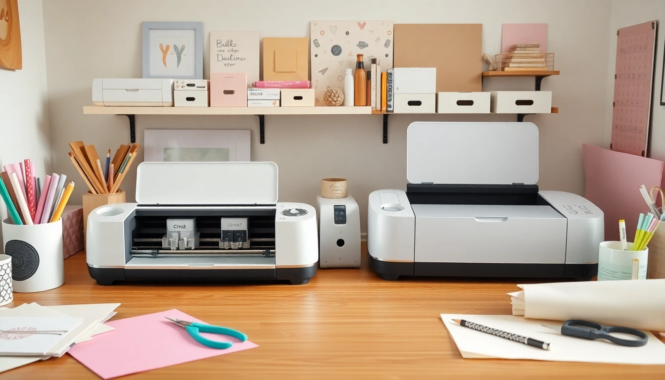 Side-by-side comparison of silhouette vs cricut machines in a creative workspace, showcasing crafting supplies.