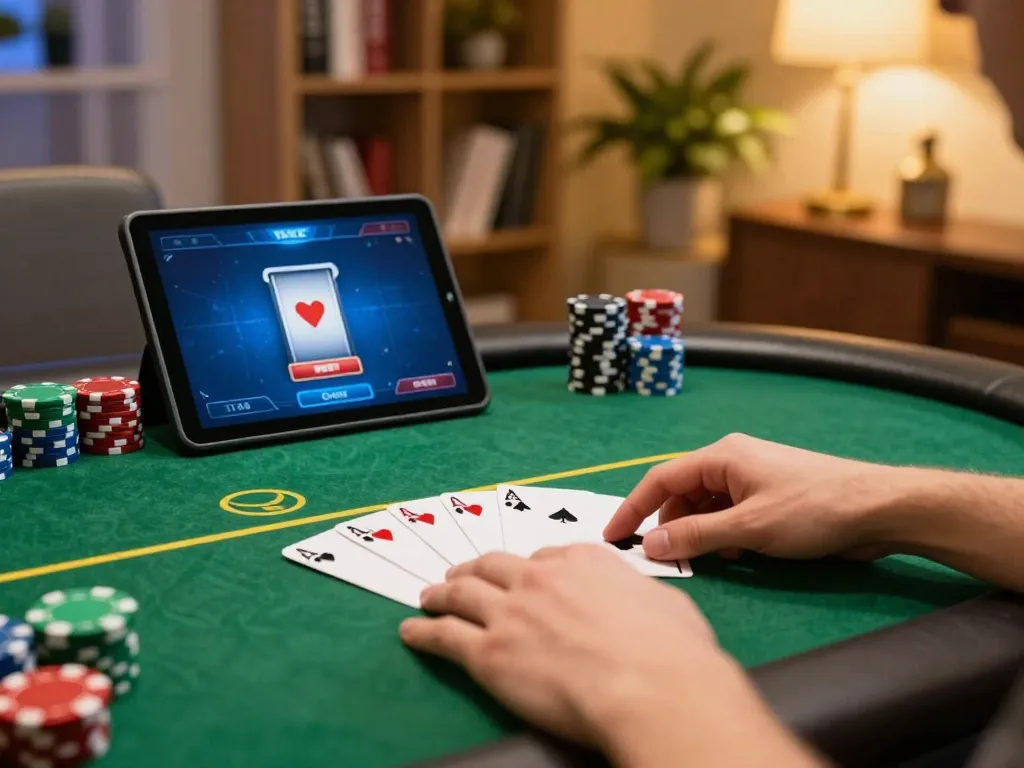 Player using LC88 to engage in poker gameplay on a tablet in a cozy home setting.