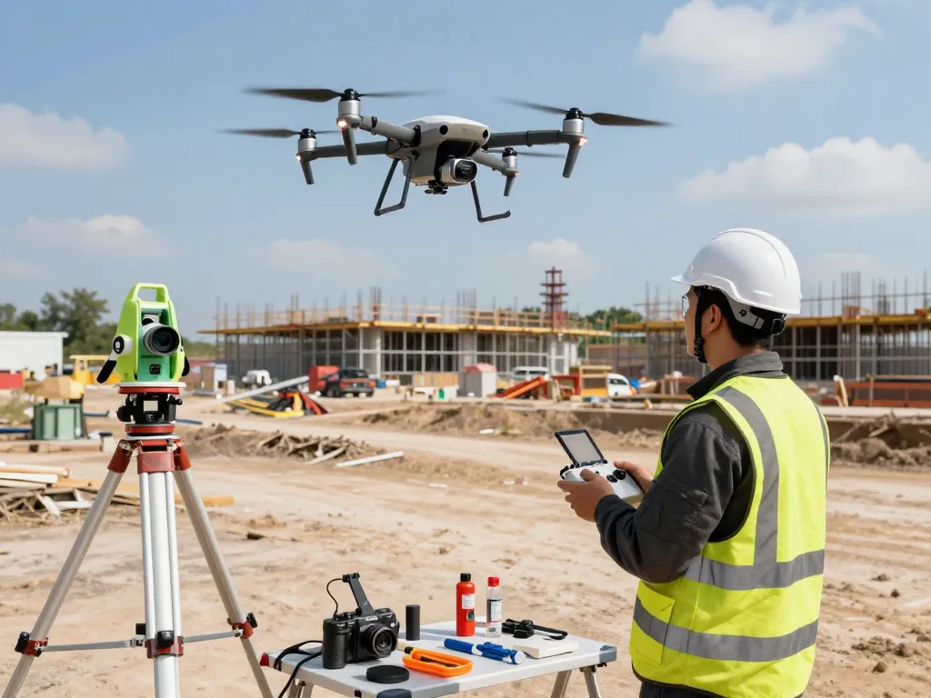 Technician operating the DJI Matrice 4T drone at a construction site for innovative surveying.