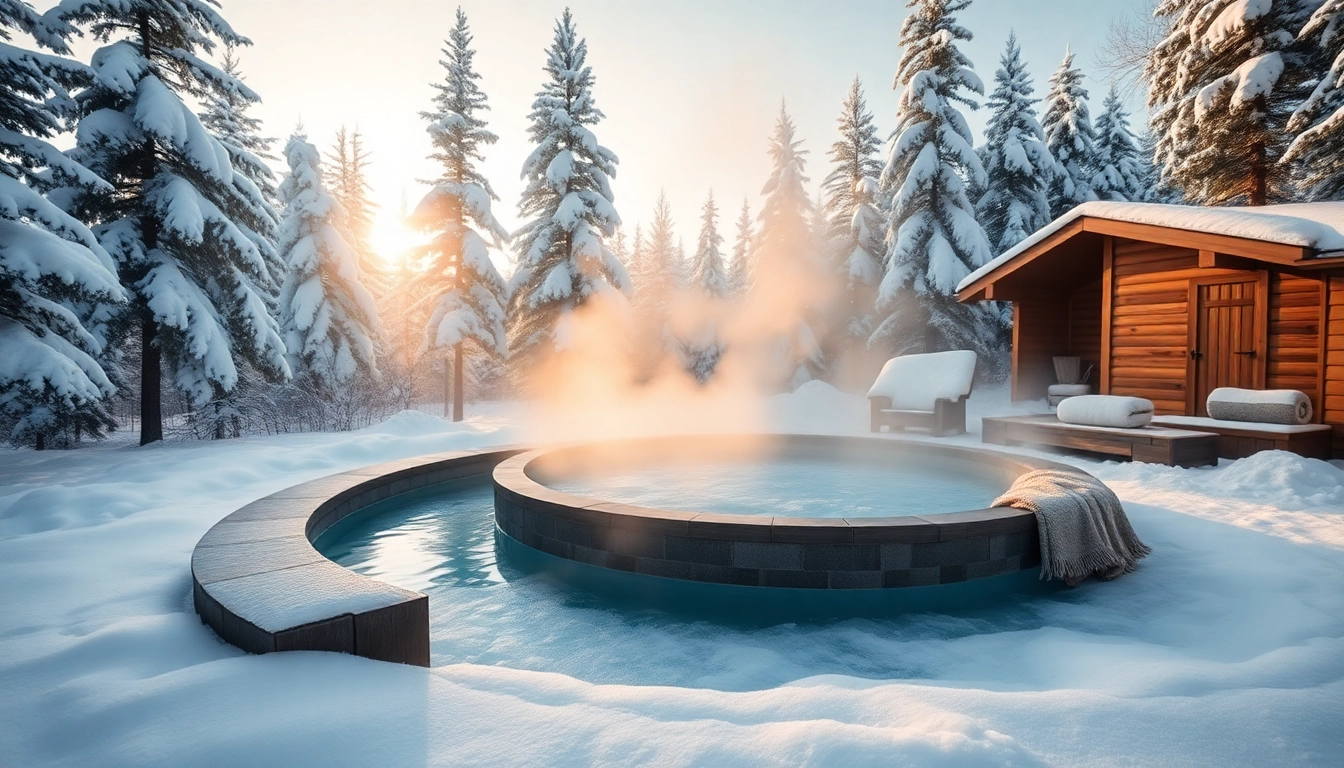 Refreshing bain froid Quebec outdoor plunge bath in a snow-topped forest.