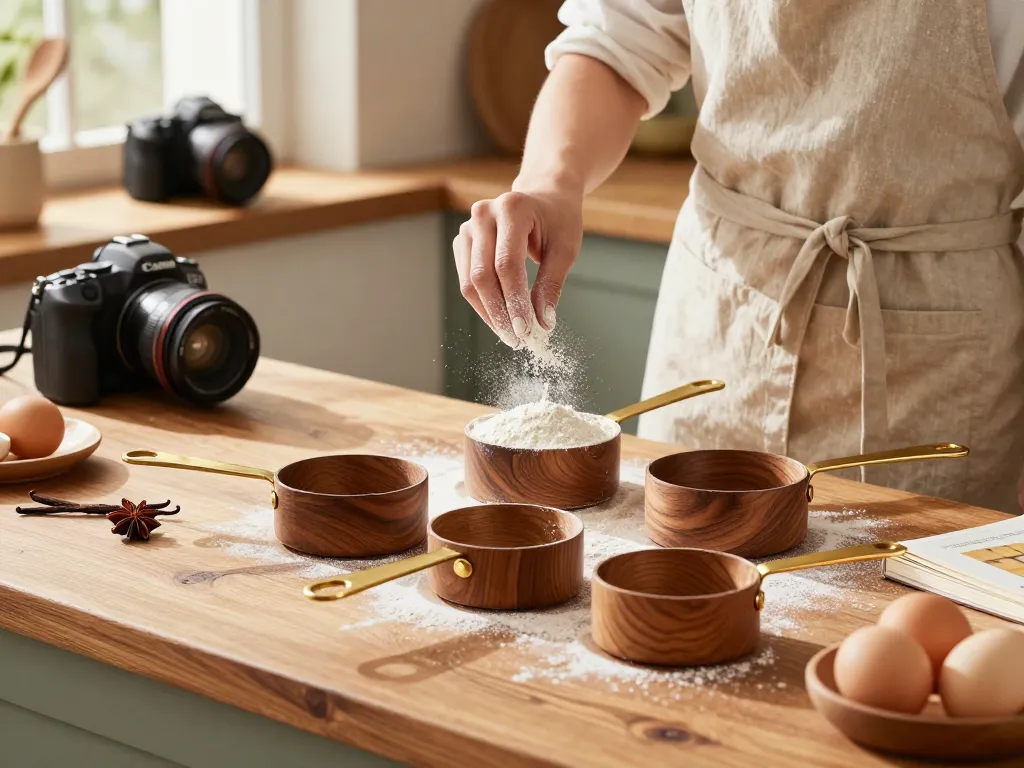 Premium aesthetic wooden measuring cups with polished brass handles displayed in a cozy kitchen scene during baking.