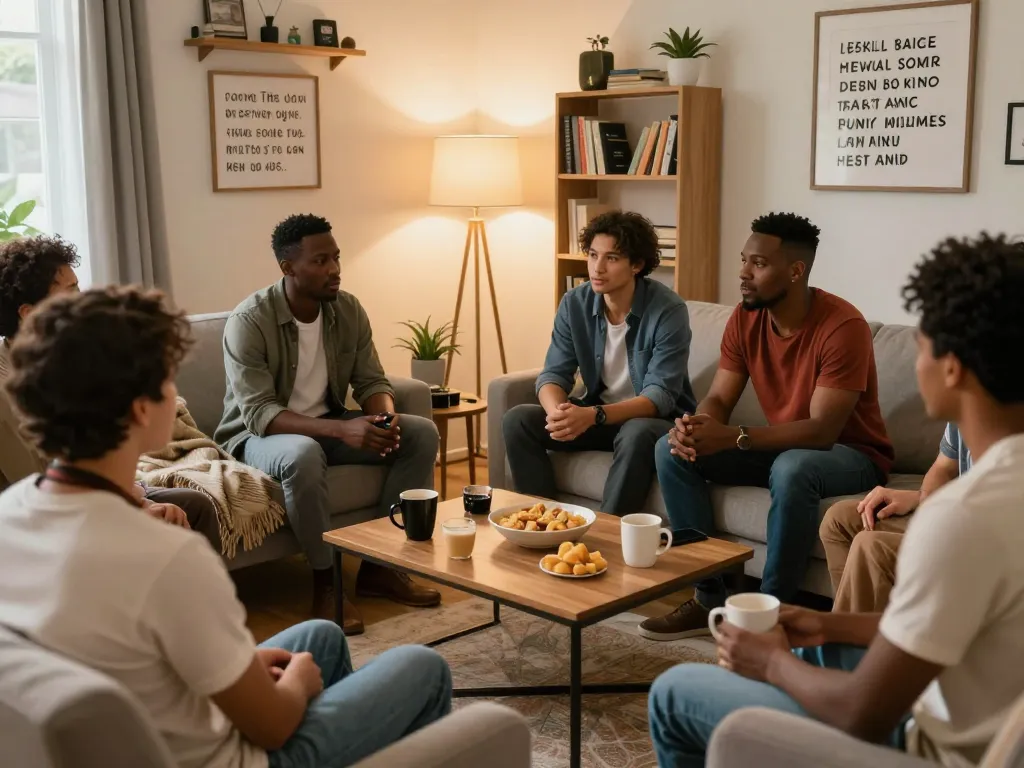 Men engaging in heartfelt conversations at a man club gathering, fostering community and support.