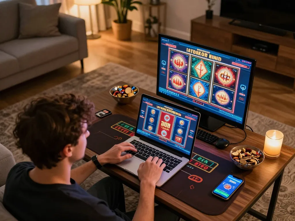 Player engaging with NK88 online casino on laptop in a cozy setting, showcasing a vibrant gaming experience.