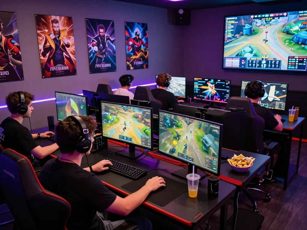Players engaged in intense gaming sessions at the sun win lounge, showcasing vibrant game graphics and LED lights.