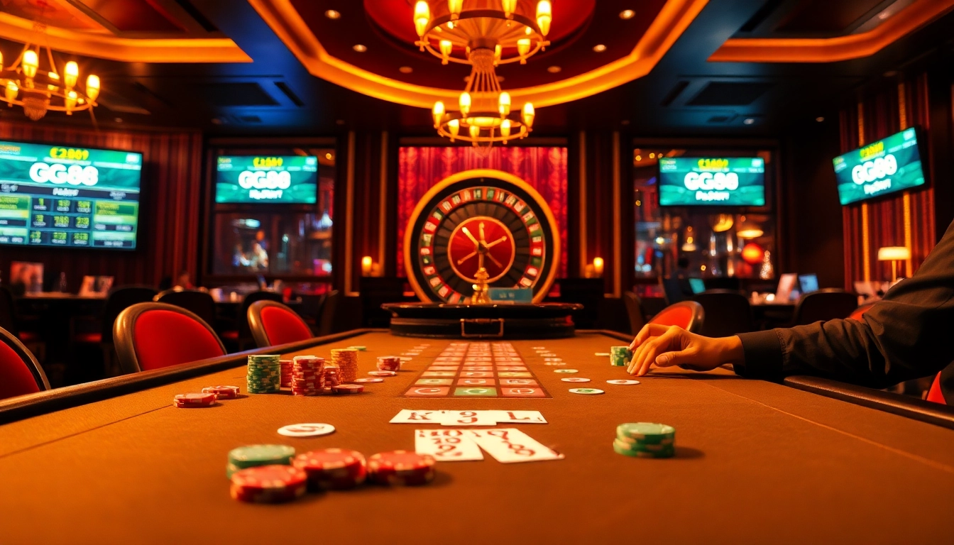 Players enjoying a thrilling GG88 casino experience at a vibrant gaming table with cards and chips.