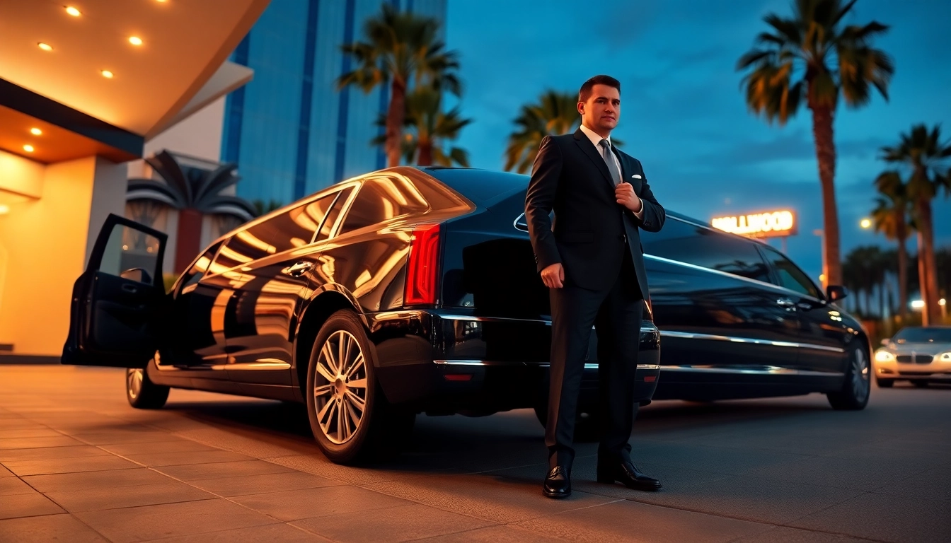 Experience the elegance of Hollywood Town Car and Limousine outside a luxury hotel in Los Angeles.