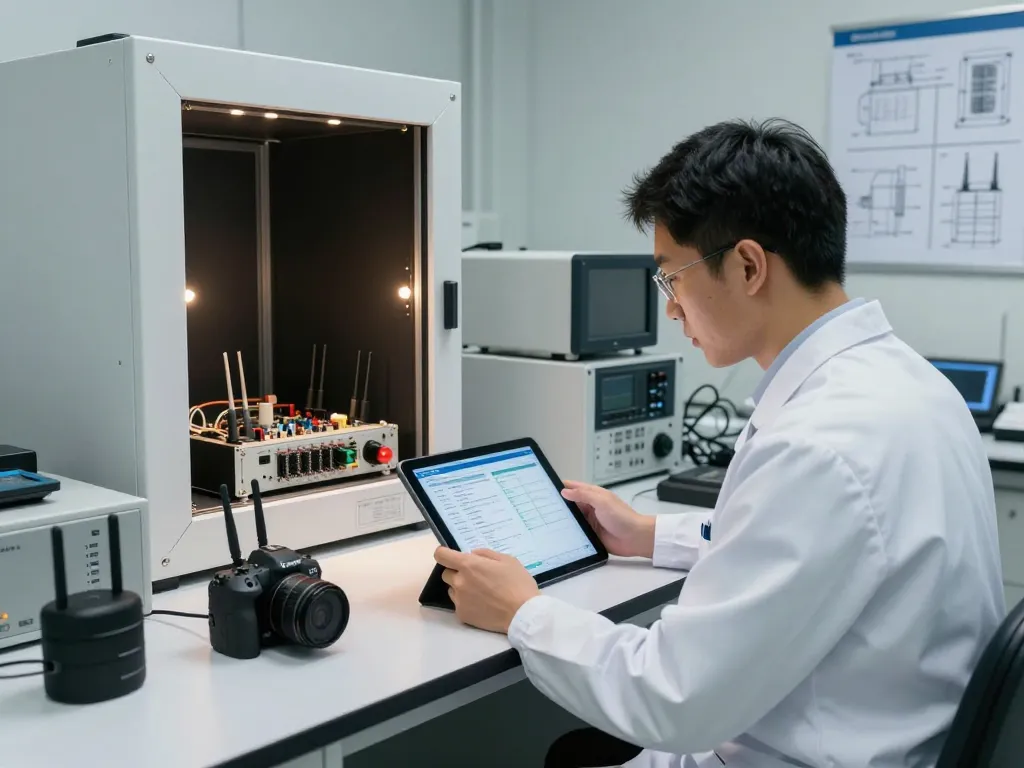 Engineer analyzing NSA compliance data in an advanced EMC testing lab with high-tech equipment.