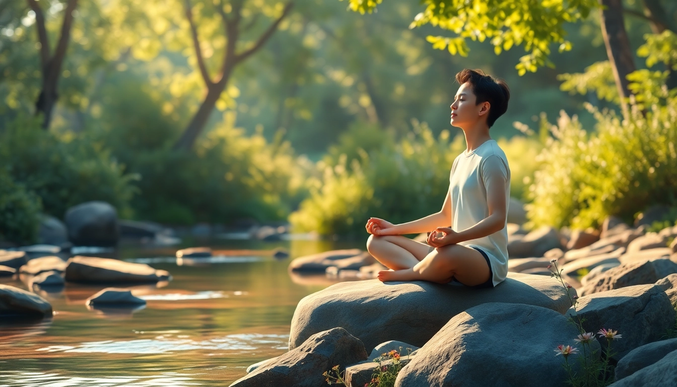Emphasizing mental wellness, a person meditating in a serene natural setting surrounded by greenery.
