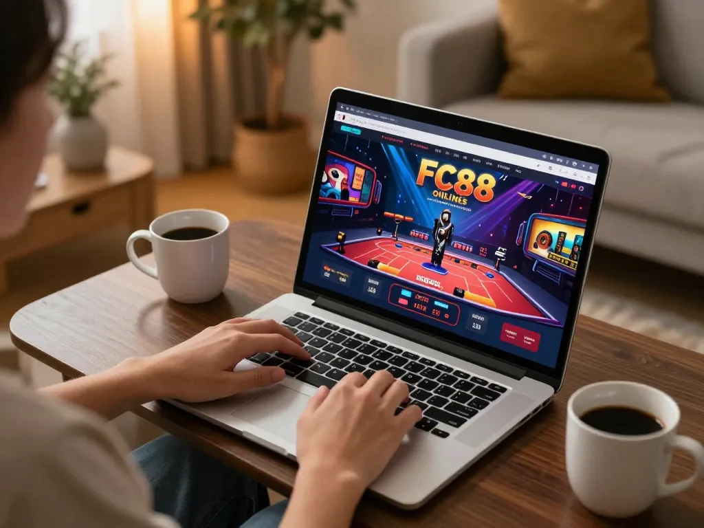 Engaging gameplay on https://fc88.baby with a sleek laptop showing live dealer action and warm ambiance.