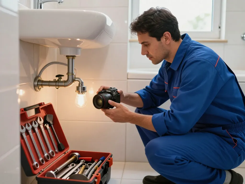 Plumber in Las Vegas inspecting bathroom fixtures, emphasizing expert plumbing in las vegas with tools and warm atmosphere.