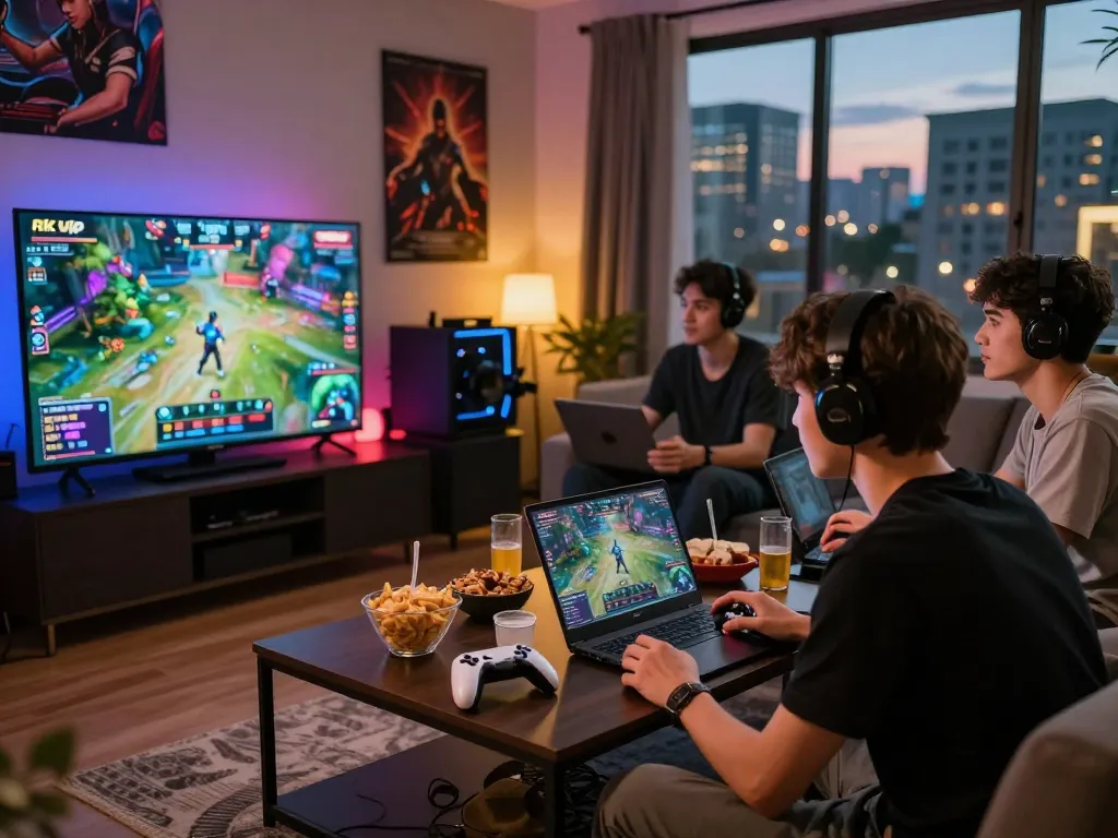 Group watching a rik vip gaming tournament with snacks and drinks in a vibrant, lively environment.