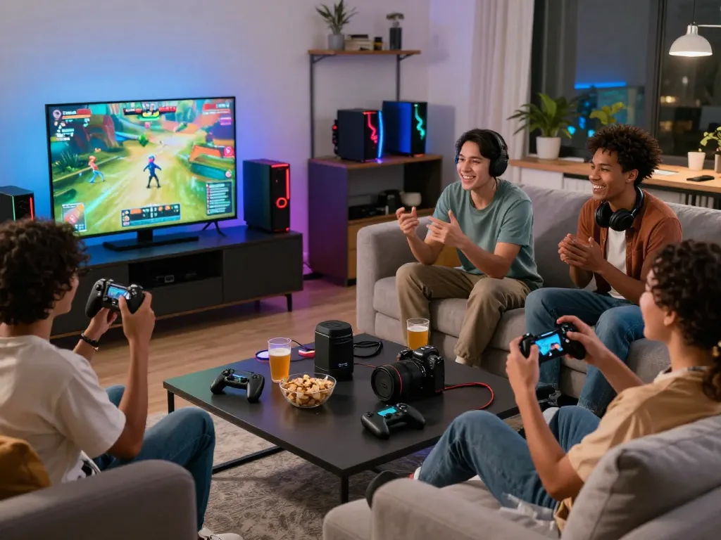 A lively gaming session with friends enjoying sun win gameplay on a large screen in a modern living room.