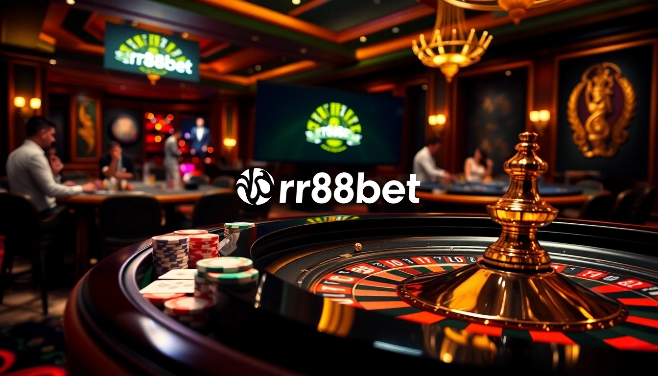 Experience the thrill of rr88bet at a vibrant casino table with poker chips and cards.