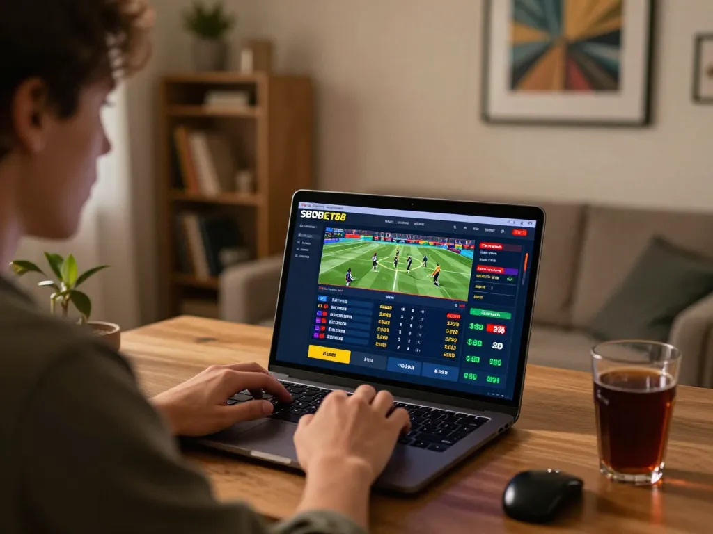 SBOBET88 suasana taruhan olahraga dengan pemain yang terlibat dalam taruhan langsung di laptop di rumah.